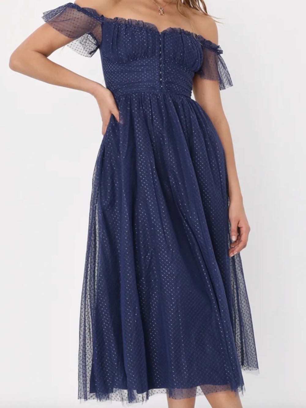 Lulus Navy Tulle Midi Dress – Off Shoulder, Swiss Dot, Romantic